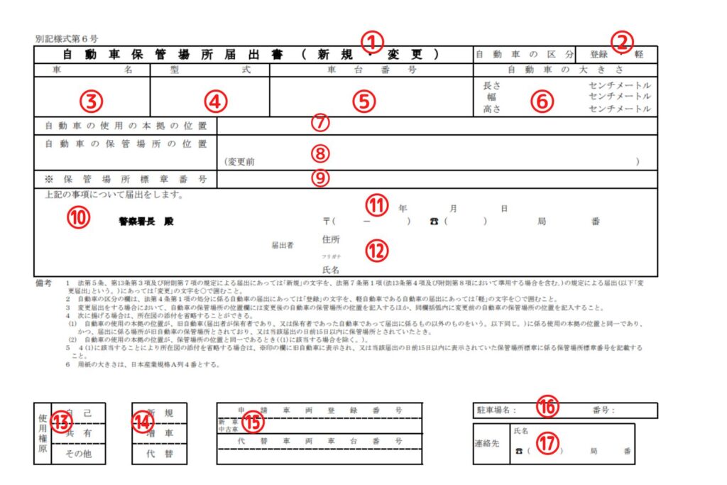 石川県様式の軽自動車保管場所届出書の書き方