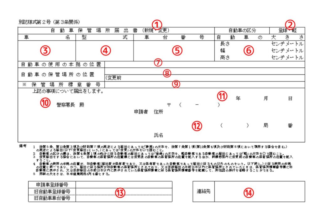 奈良県様式の軽自動車保管場所届出書の書き方