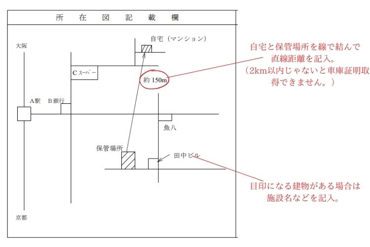 大阪府警察の車庫証明の所在図（地図）の記載例